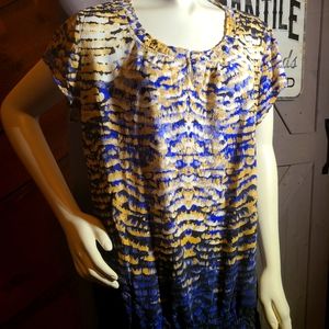 Lizwear XL blue and tan print casual blouse